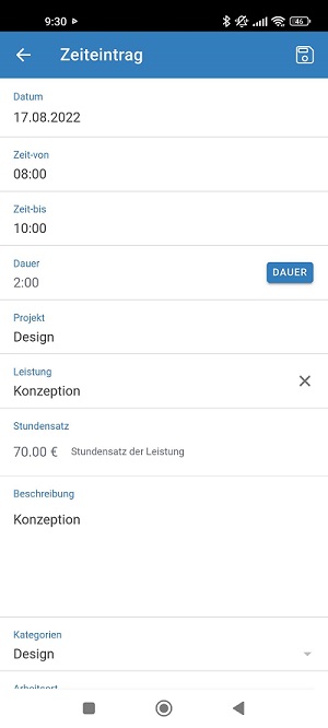 Zeiteingabe mit der mobilen App