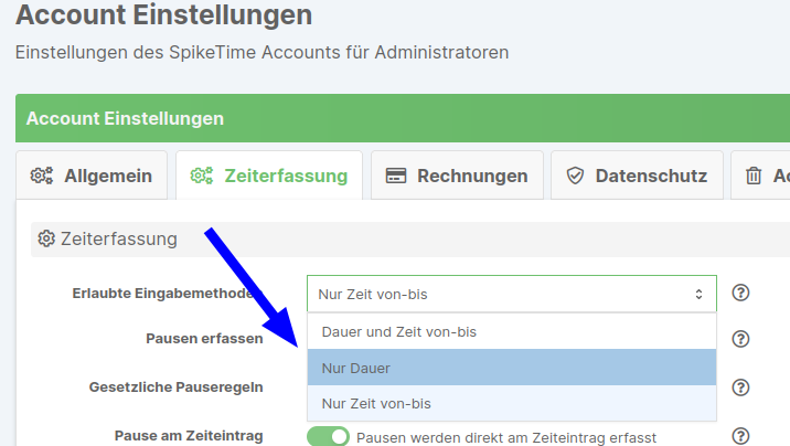 Account-Einstellung Zeiterfassung nur Dauer