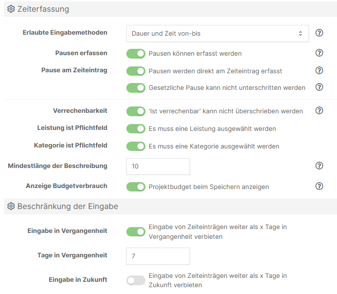 Einstellungen der Zeiterfassung