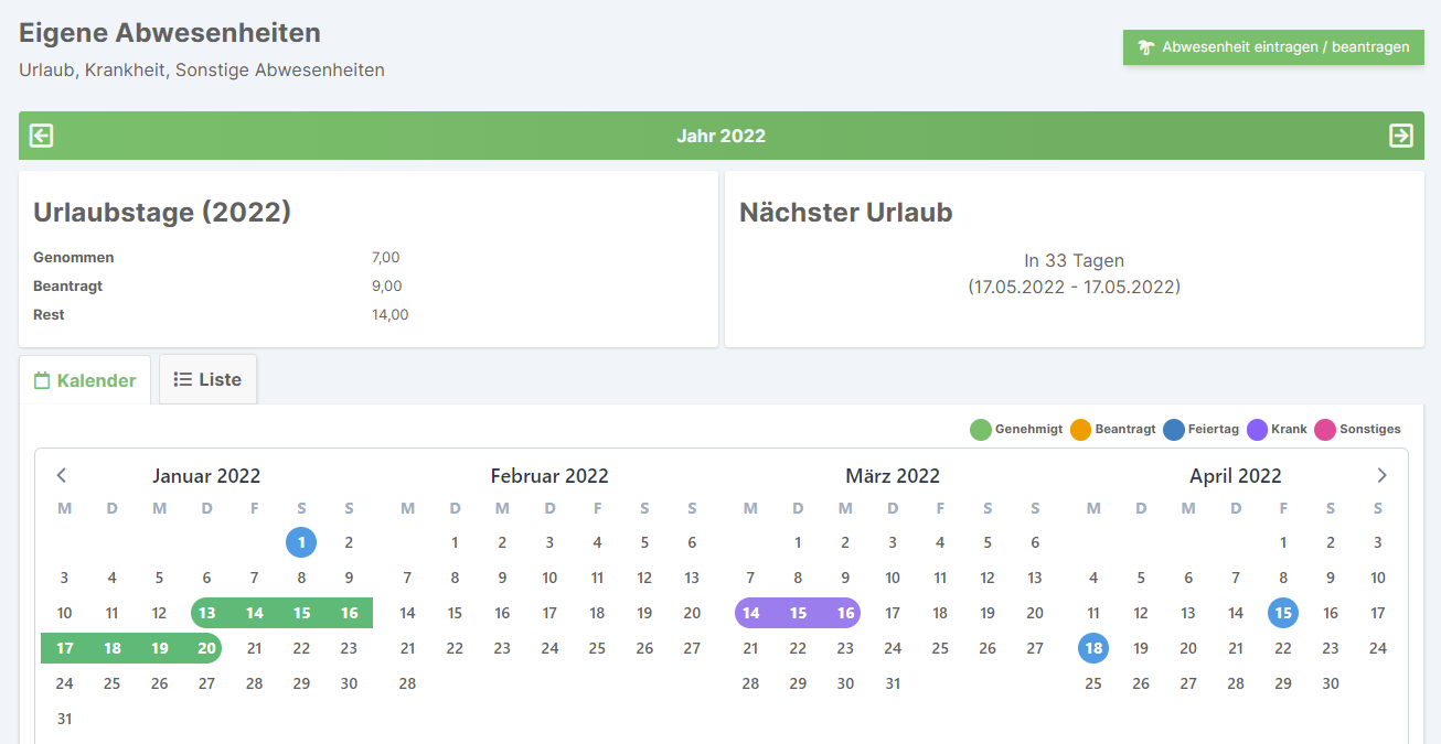 MItarbeiteransicht Urlaub und Abwesenheiten