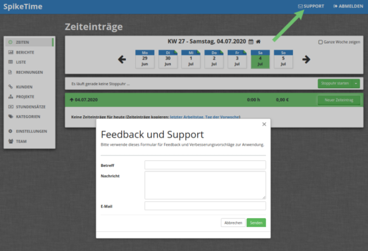 SpikeTime Support Formular