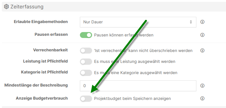 Projektbudget beim Speichern anzeigen