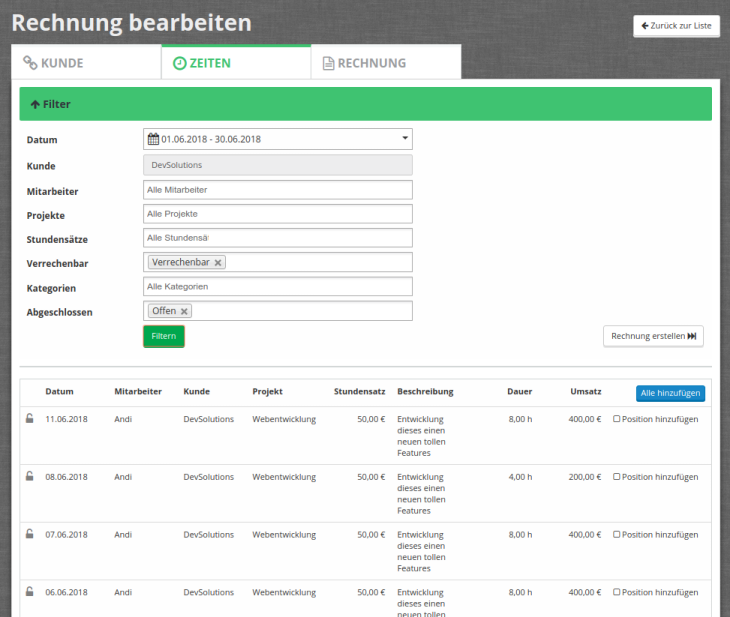 Zeiteinträge auswählen