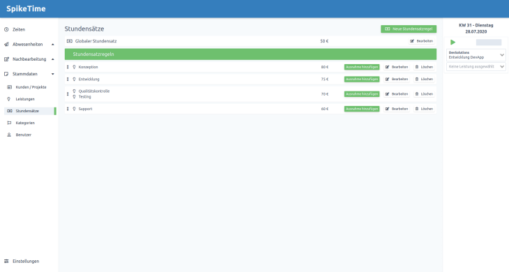 Stundensätze pro Leistung SpikeTime Zeiterfassung Version 3