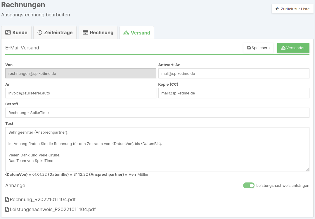 Versand der Rechnung und des Leistungsnachweises