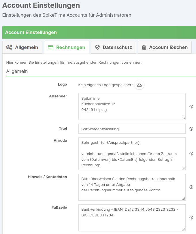 Vorbelegung der Rechnungsdaten in den Account-Einstellungen