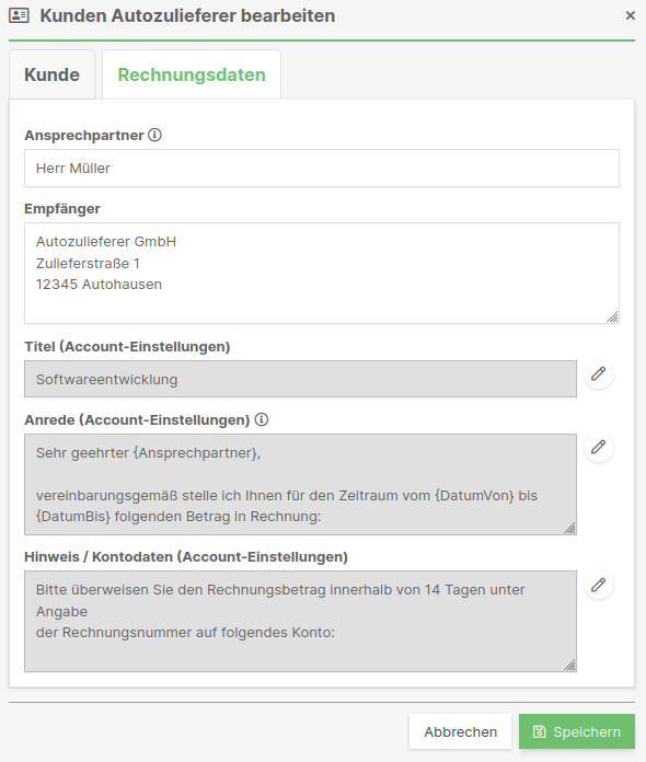 Vorbelegung der Rechnungsdaten beim Kunden