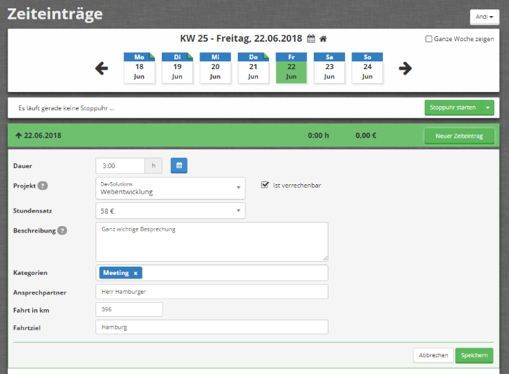 Zeiterfassung mit Zusatzfeldern