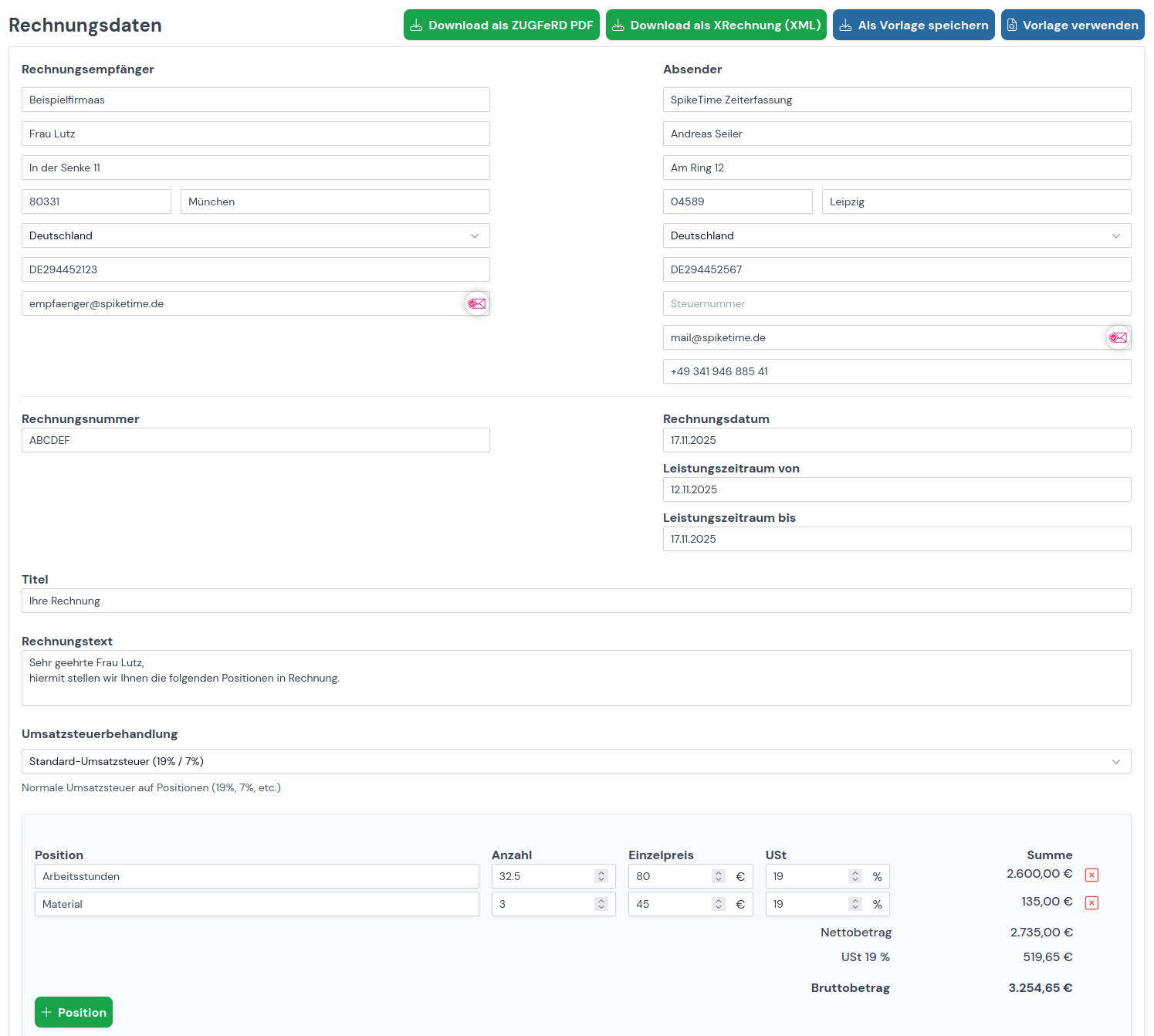 Screenshot des Erechnung Designers der eine Beispielrechnung zeigt