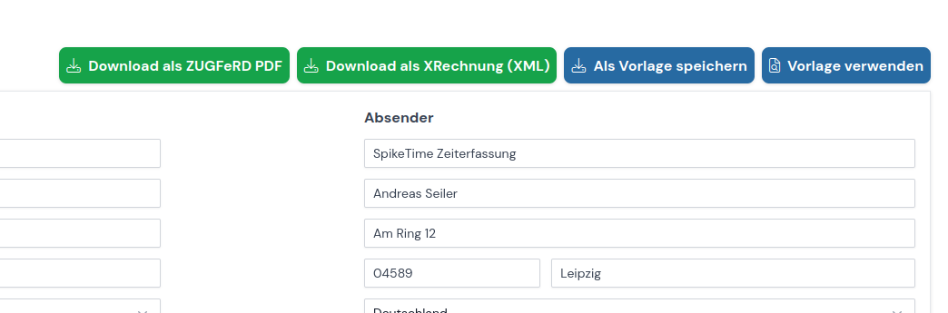 Screenshots der Buttons des ERechnung Generators