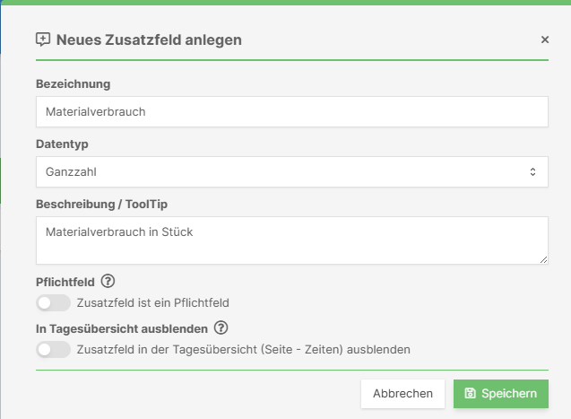 Optionen der Zusatzfelder