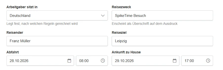 Eingabemaske des Reisekostenrechners mit Arbeitgebersitz Deutschland, Reisezweck, Reisendem, Reiseziel Leipzig sowie Abfahrt und Ankunft