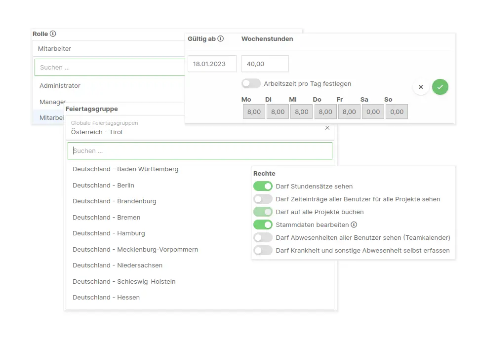 Screenshot, der verschiedene Teile der Teamverwaltung in der SpikeTime Zeiterfassung zeigt.