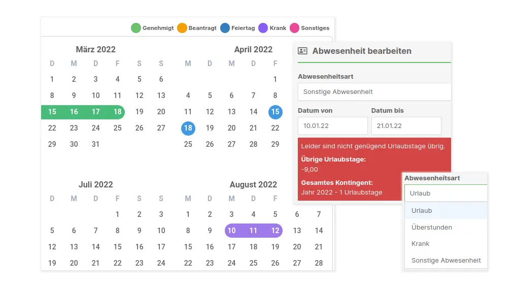 Screenshot, der verschiedene Teile des Abwesenheitskalenders in der SpikeTime Zeiterfassung zeigt.