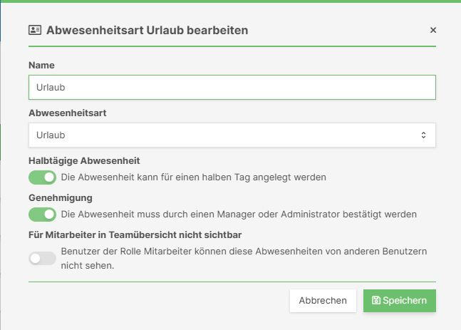 Konfigurationsoptionen für Abwesenheitsarten