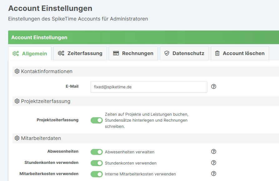 Account Einstellungen Übersicht mit Tabs für Allgemein, Zeiterfassung, Rechnungen, Datenschutz und Account löschen