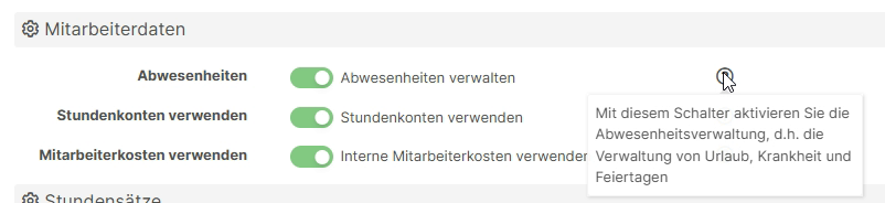 Mitarbeiterdaten-Einstellungen mit Tooltips für Abwesenheiten, Stundenkonten und Mitarbeiterkosten