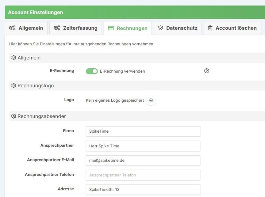 Rechnungseinstellungen mit E-Rechnung, Logo und Absenderdaten