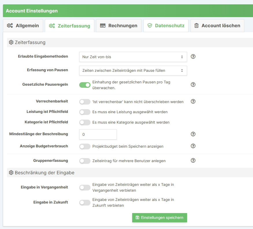Zeiterfassung-Einstellungen mit Eingabemethoden, Pausenerfassung, Pflichtfeldern und Beschränkungen
