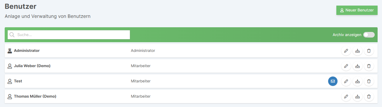Übersicht der Benutzerverwaltung mit Benutzerliste
