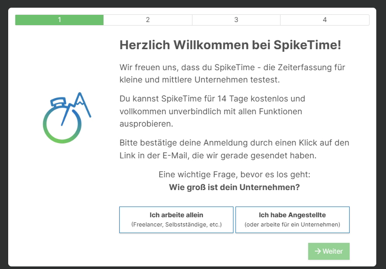 Willkommensseite des Einrichtungsassistenten mit Auswahl für Freelancer oder Unternehmen