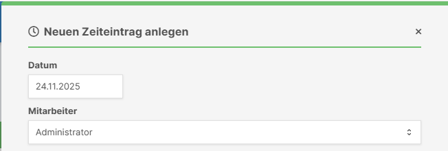 Formular zum Erstellen eines neuen Zeiteintrags mit Mitarbeiterauswahl