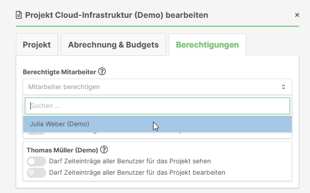 Berechtigungsoptionen für Mitarbeiter