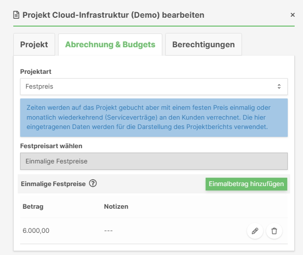 Festpreis-Einstellung für Projekte