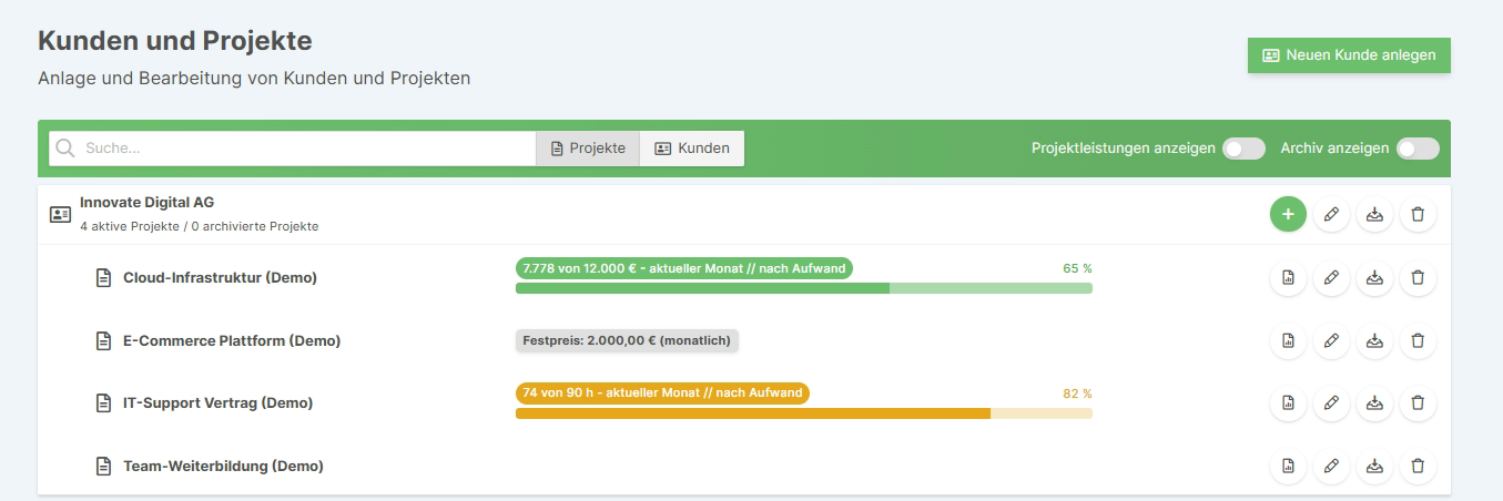 Kunden- und Projektliste mit Suchfunktion