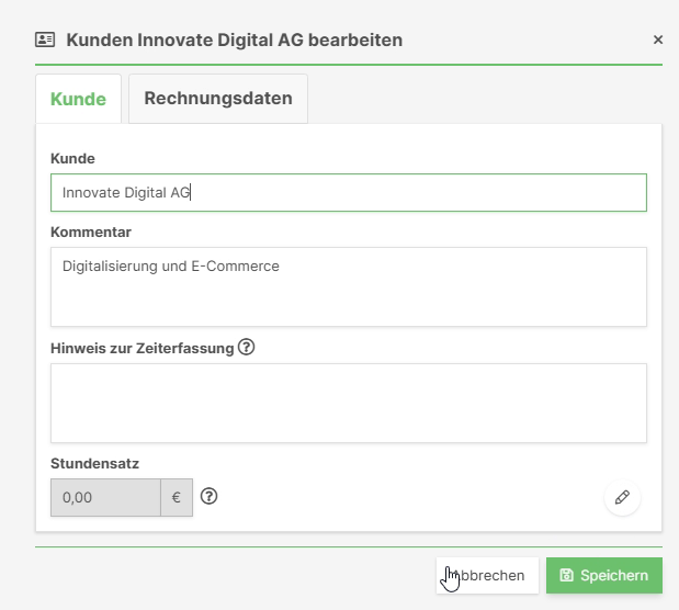 Kundendaten mit Standardstundensatz