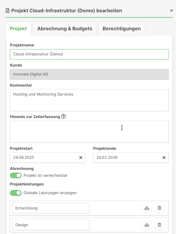 Projektleistungen zur weiteren Unterteilung