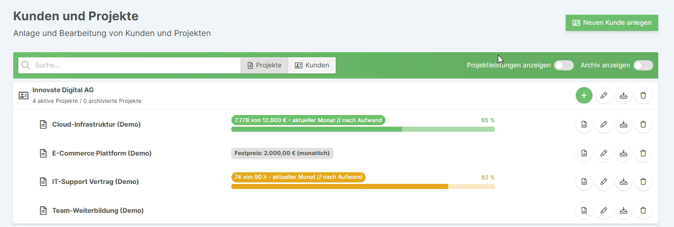 Projektliste unterhalb des Kunden