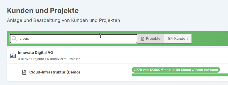 Such-Optionen für Kunden oder Projekte