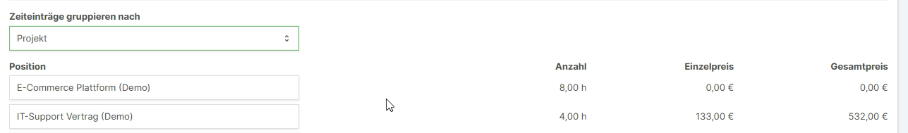Gruppierungsoptionen für Zeiteinträge