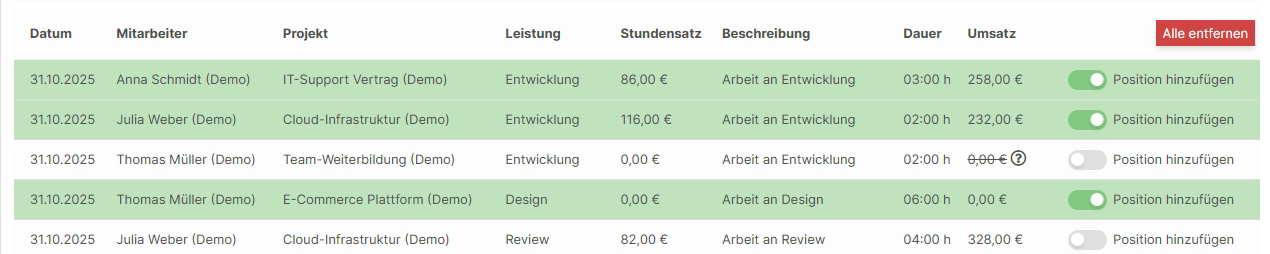 Zeiteinträge zur Rechnung hinzufügen