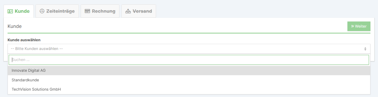 Kundenauswahl mit Suchfunktion