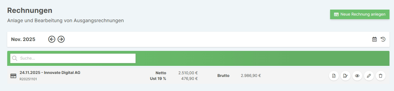 Rechnungsliste mit Monatsnavigation und Suchfunktion