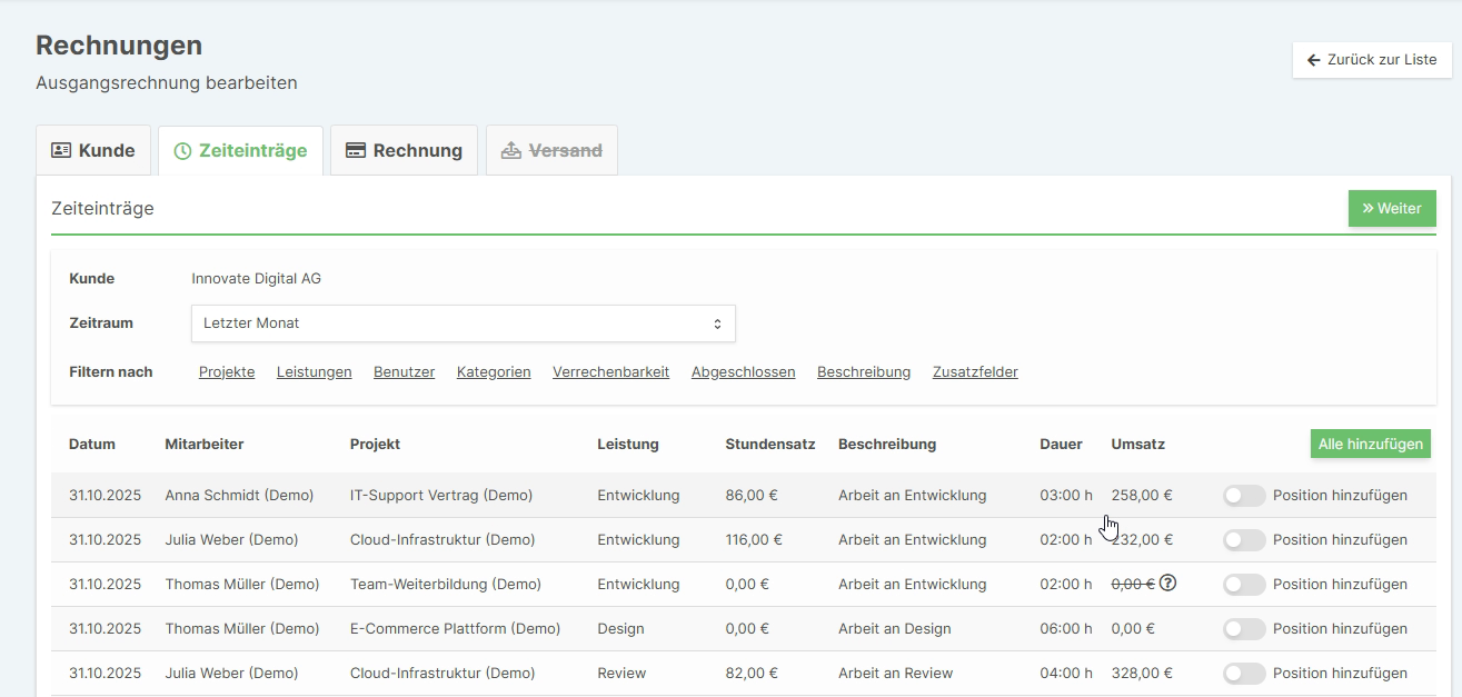 Zeiteinträge-Liste mit umfangreichen Filtermöglichkeiten