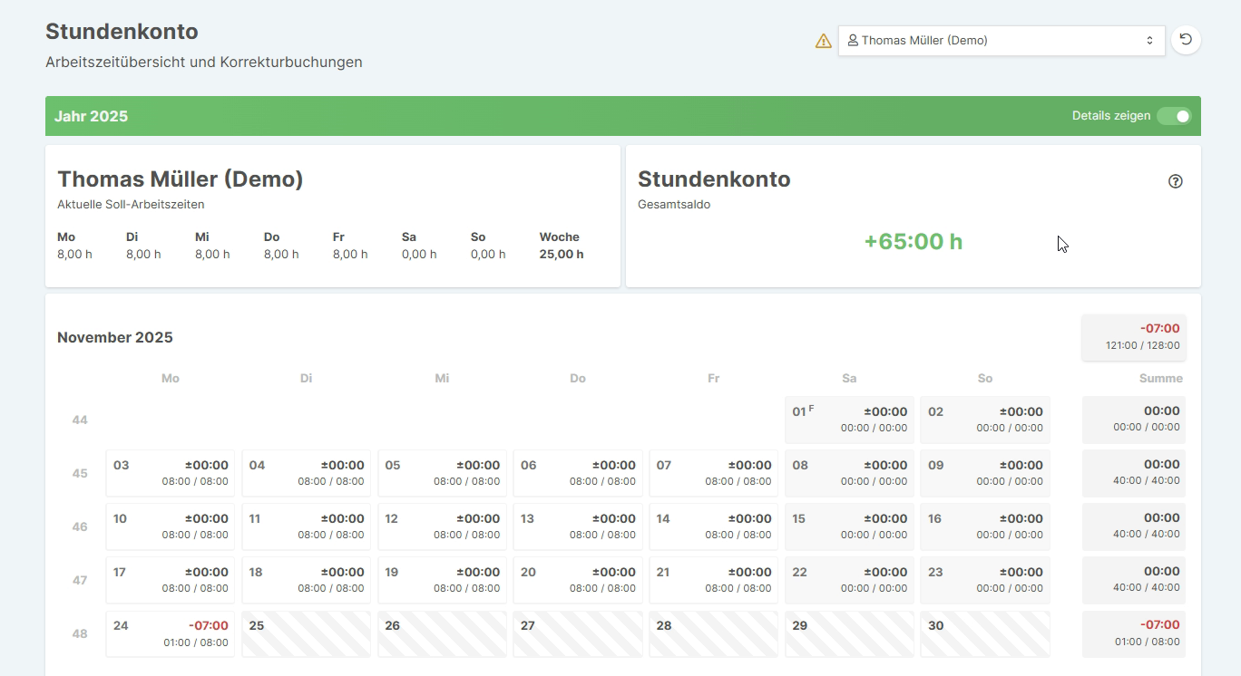 Stundenkonto-Übersicht mit Soll-Arbeitszeiten, Gesamtsaldo und Monatskalender