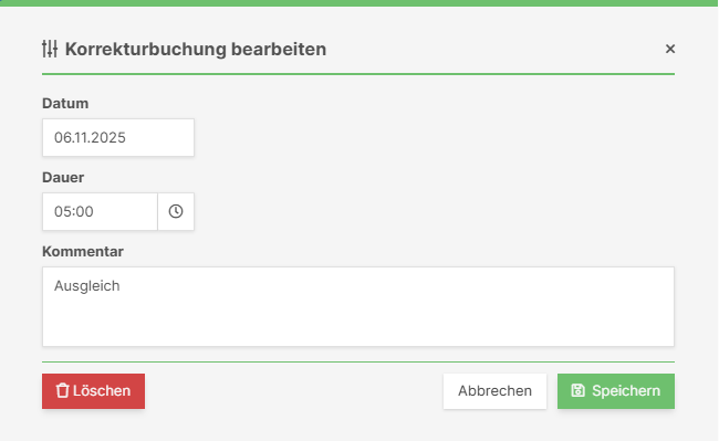 Formular zum Bearbeiten einer Korrekturbuchung mit Datum, Dauer und Kommentar