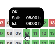 Tooltip zeigt Soll- und Iststunden für einen Tag