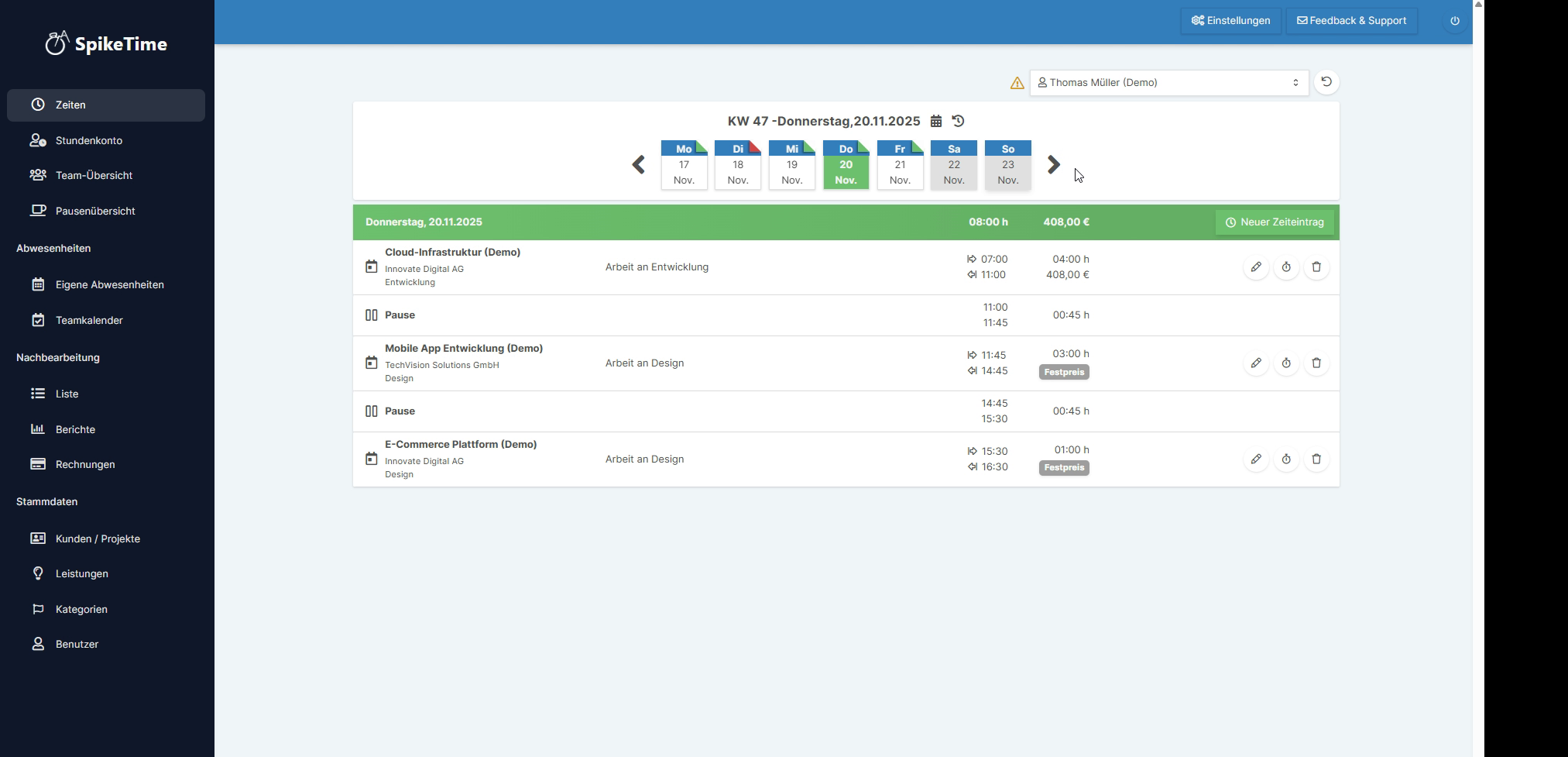 Hauptübersicht der Zeiterfassung mit Wochenauswahl und Zeiteinträgen