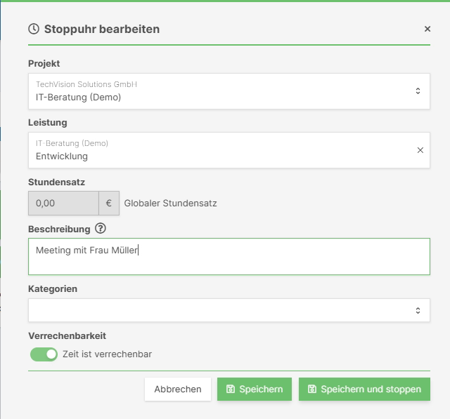 Dialog zum Bearbeiten einer laufenden Stoppuhr