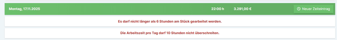 Pausenregeln-Warnungen in der Zeiterfassung