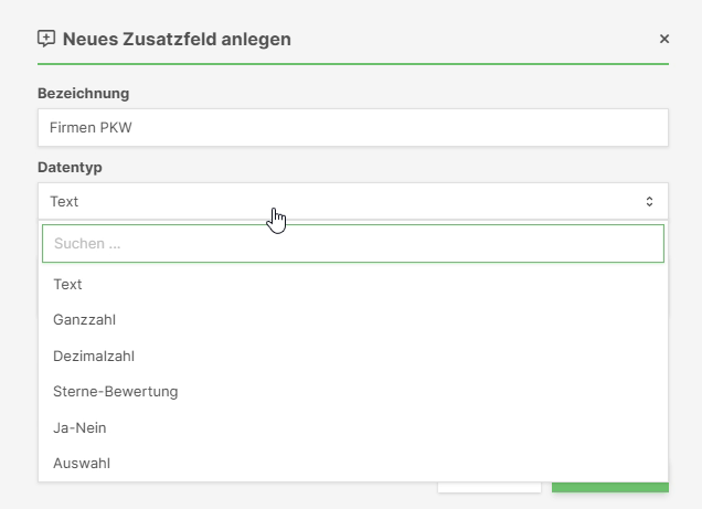 Datentyp-Dropdown mit allen verfügbaren Optionen: Text, Ganzzahl, Dezimalzahl, Sterne-Bewertung, Ja-Nein, Auswahl