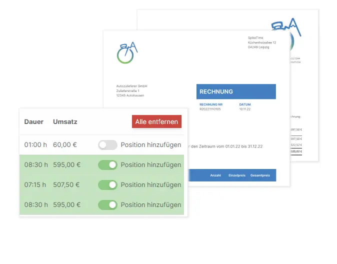 Screenshot, der die Auswahl von Zeiteinträgen für die Rechnungserstellung und zwei Beispiele für erstellte Rechnungen zeigt.