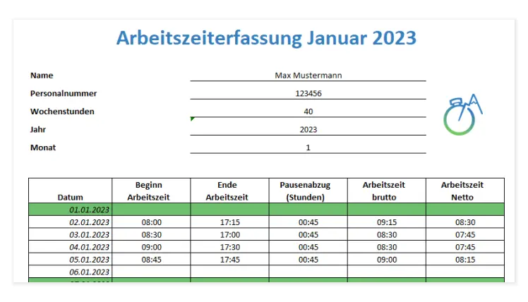 Screenshot, der die Arbeitszeiterfassung mit Excel zeigt.