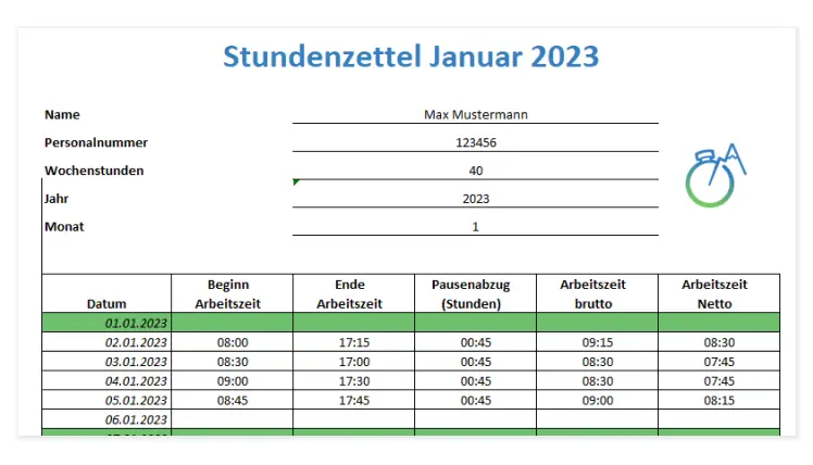 Screenshot, der die Excel-Vorlage Stundenzettel zeigt