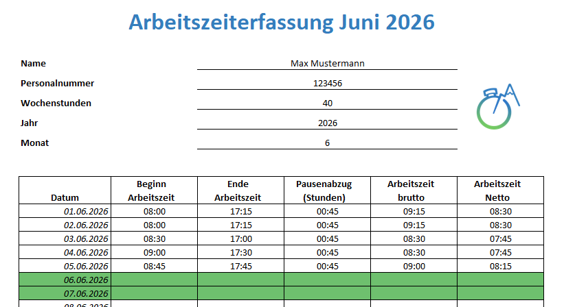 Screenshot, der die Arbeitszeiterfassung mit Excel zeigt.