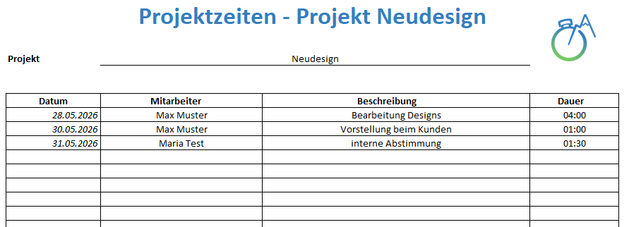 Projektzeiterfassung mit Excel - Kostenlose Vorlage Screenshot, der die Projektzeiterfassung mit Excel zeigt.